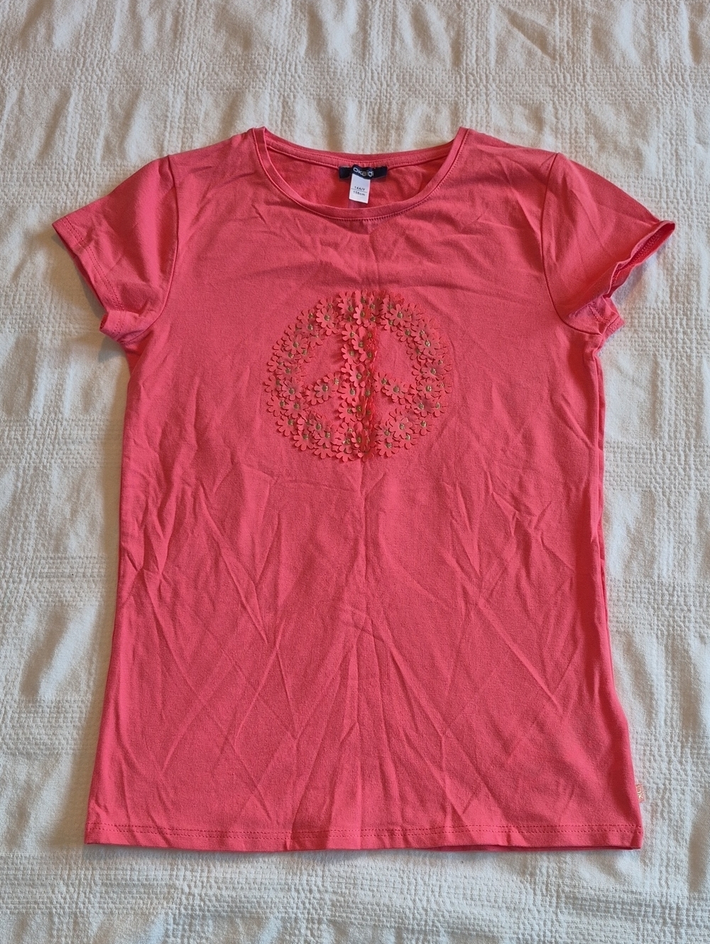 Okaidi girls size 14 years shirt coral with floral peace sign design EUC ++